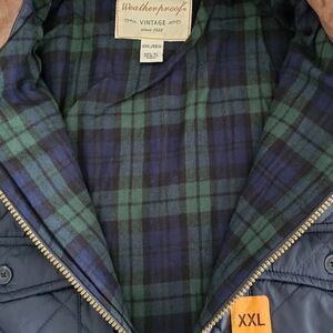 Weatherproof Vintage Men's Blue Puffer Jacket with Green Plaid Lining